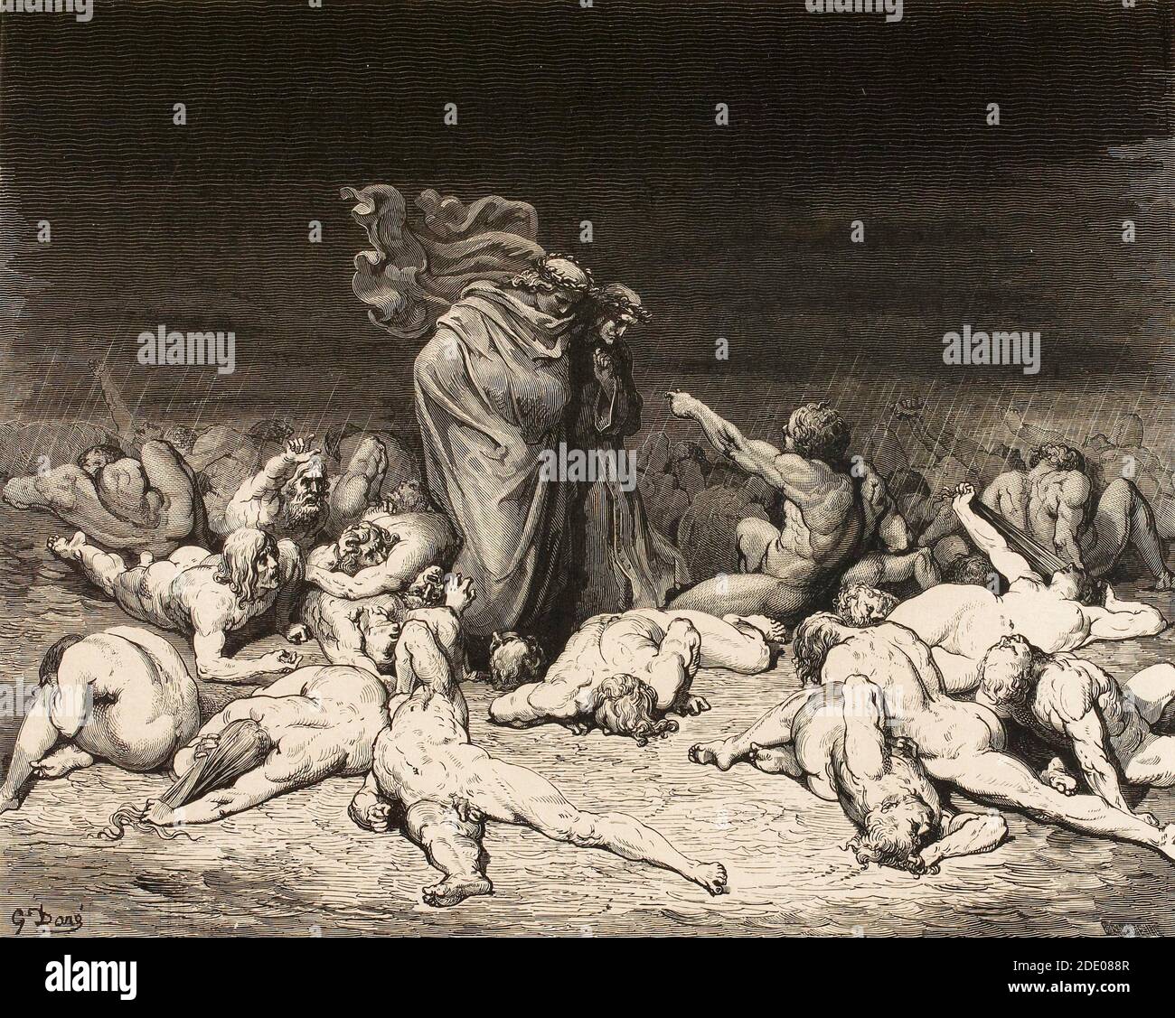 Dante Divina Commedia - Hölle - Dante und Virgil treffen sich Ciacco im dritten Kreis der Glutton - Canto VI - Illustration von Gustave Dorè Stockfoto