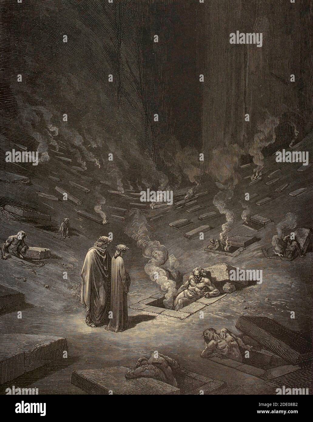 Dante Divina Commedia - Hölle - VI Kreis - Dante Und Virgil kommen auf den Friedhof der Ketzer - Canto IX- Illustration von Gustave Dorè Stockfoto
