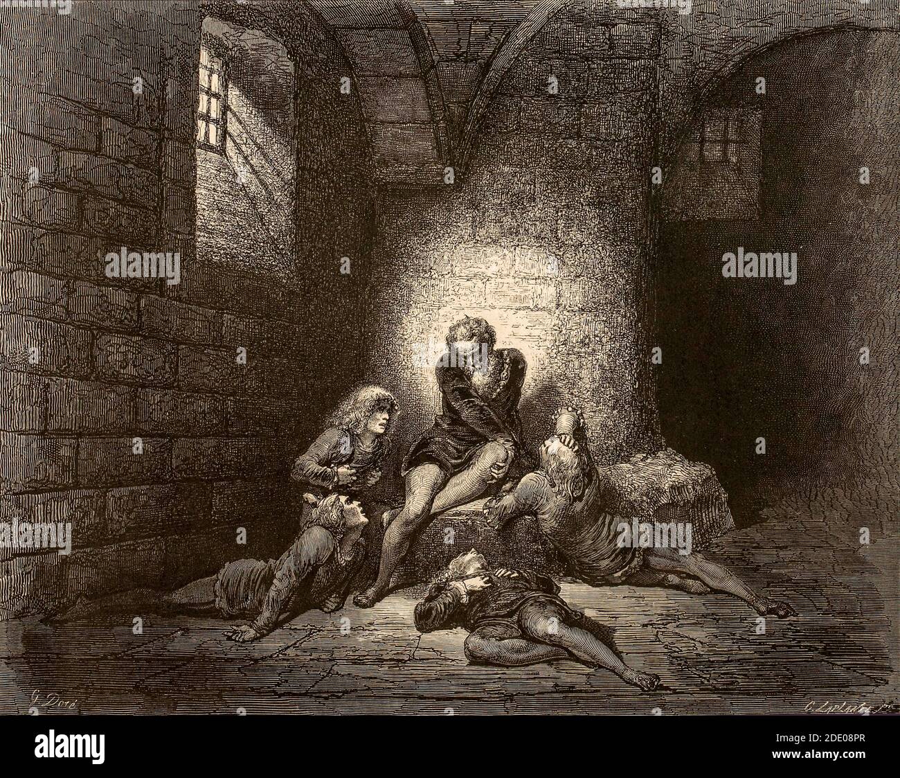 Dante Divina Commedia - Hölle - XXXIII Canto - Dante und Virgil im Eis von Cocito, wo die Verräter von Verwandten (Caina) und denen des Vaterlandes und der Partei (Antenora) bestraft werden beziehungsweise - Ugolino Tod der Söhne - IX Kreis - Illustration von Gustave Dorè Stockfoto