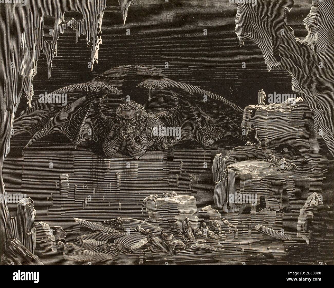 Dante Divina Commedia - Hölle - XXXIV Canto - Dante und Virgil im Eis von Cocito, wo die Verräter von Verwandten (Caina) und diejenigen des Vaterlandes und der Partei (Antenora) bestraft werden beziehungsweise - die Giudecca und Luzifer - IX Kreis - Illustration von Gustave Dorè Stockfoto