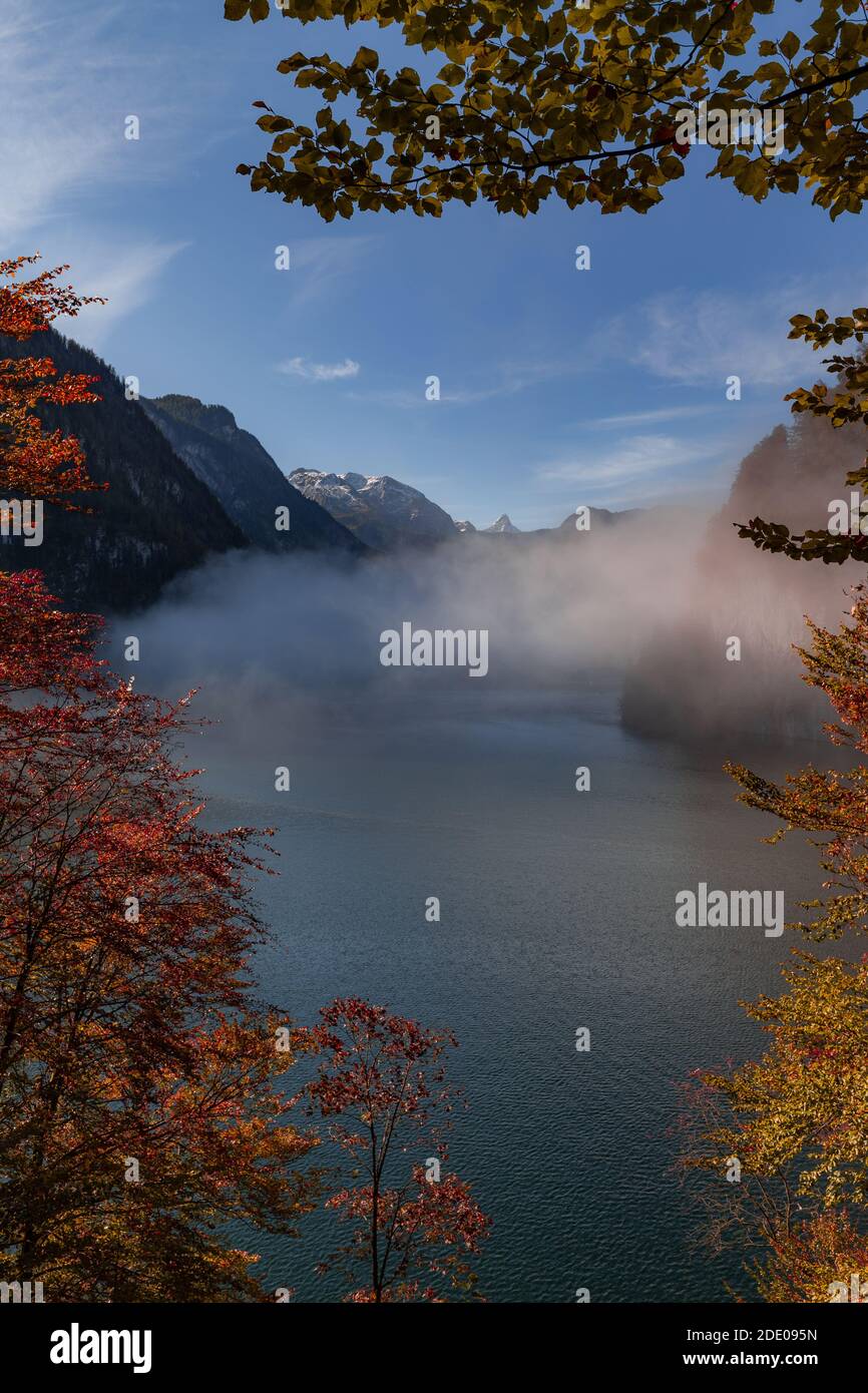 Nebel über dem Königssee im Berchtesgadener Land, Bayern, Deutschland. Stockfoto