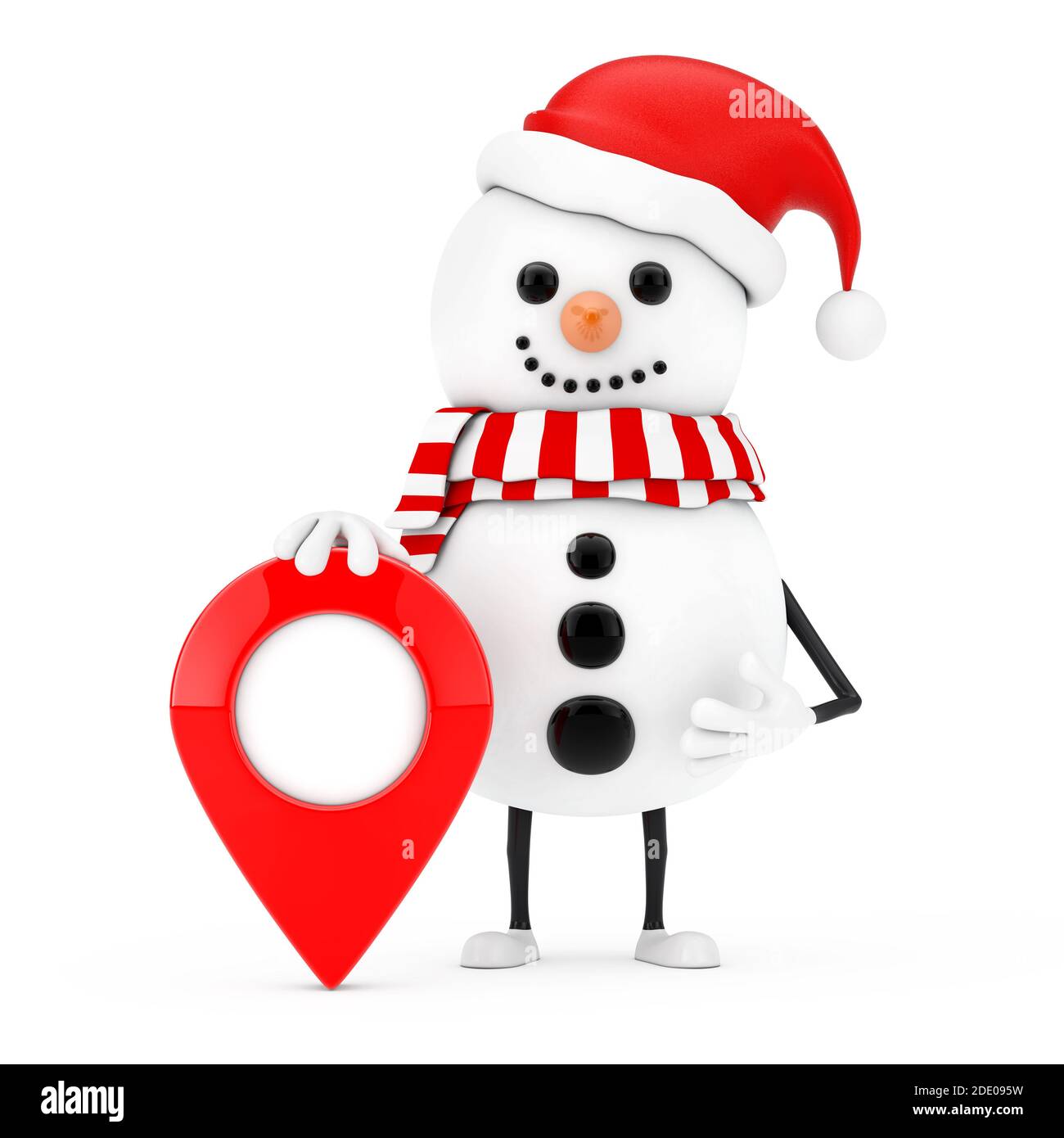 Schneemann in Weihnachtsmann Hut Figur Maskottchen mit Karte Ziel Pointer Pin auf weißem Hintergrund. 3d-Rendering Stockfoto