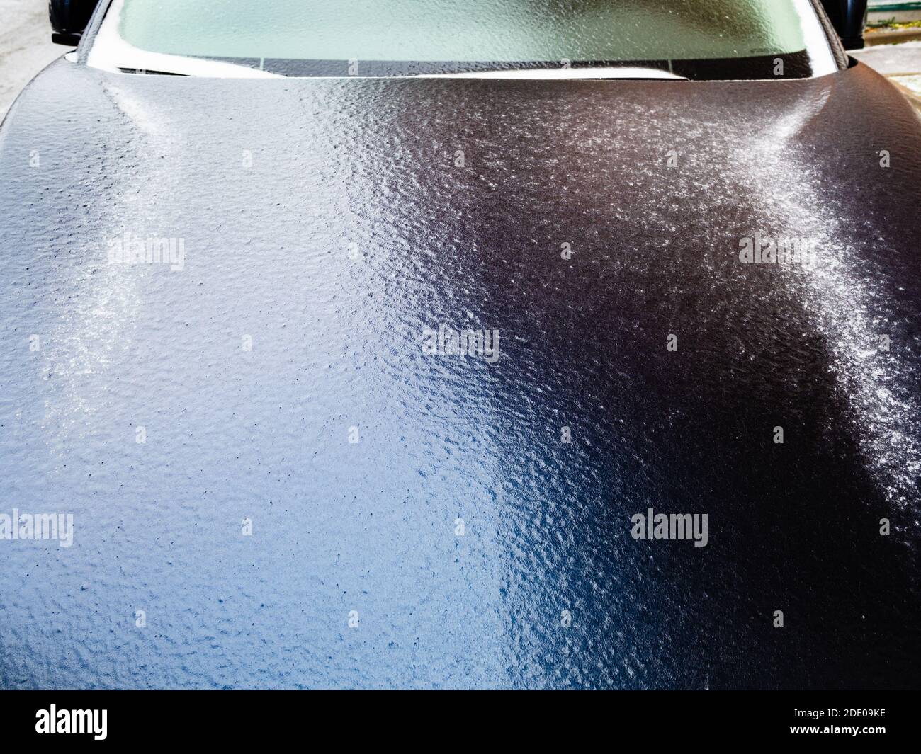 Gefrorene Haube von dunkelblauen Auto Nahaufnahme in der Stadt Nach Glatteisregen am kalten Herbsttag Stockfoto