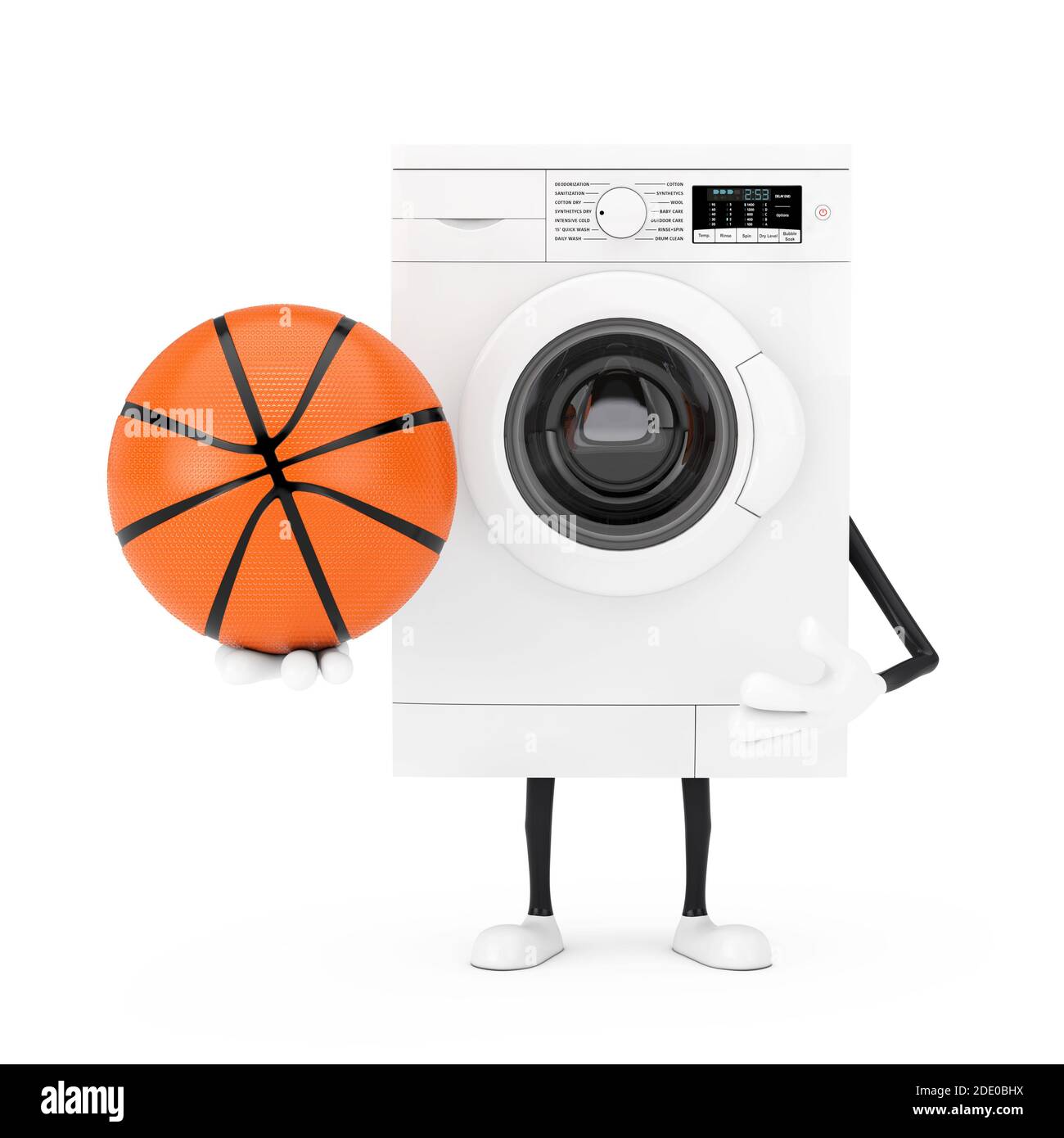 Moderne weiße Waschmaschine Charakter Maskottchen mit Basketball Ball auf weißem Hintergrund. 3d-Rendering Stockfoto