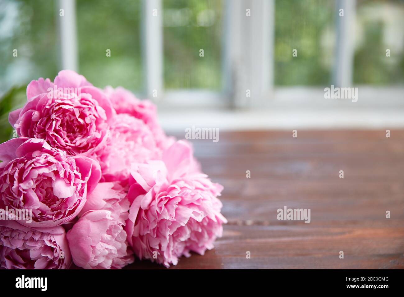 Leerer Holztisch Hintergrund mit Platz für Text oder Geschenk Produkt. Pinke Pfingstrosen auf einem dunklen Tisch vor dem Hintergrund eines Unschärfe-Fensters. Kopie sp Stockfoto