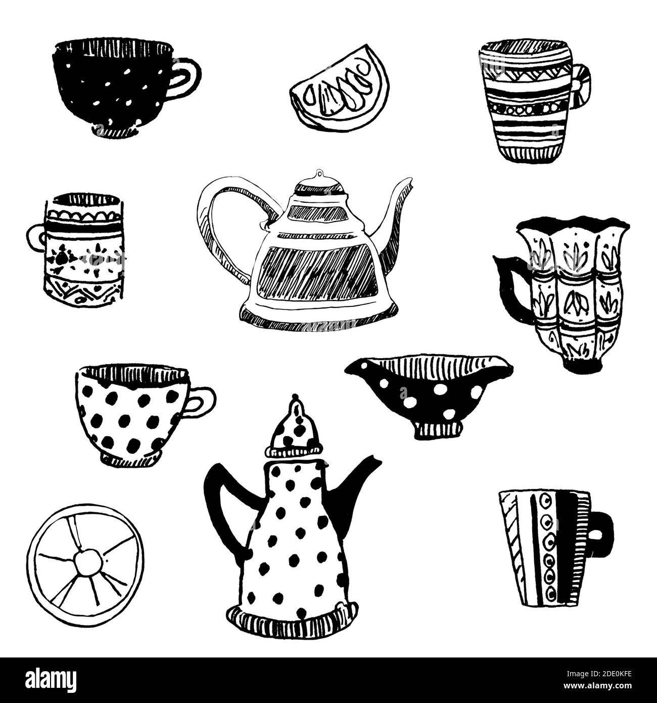 Set von Utensilien für Tee oder Kaffee, Skizze, Design-Element. Stockfoto