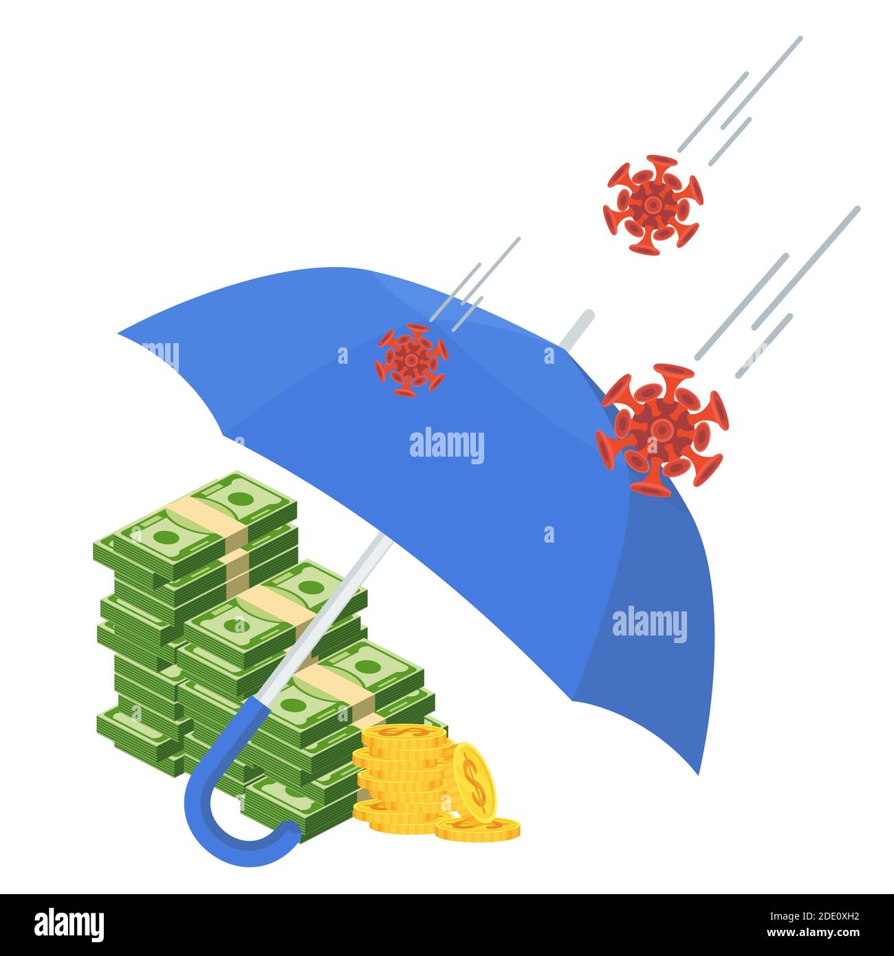 Regenschirm schützt Geld vor COVID 19. Flache Vektorgrafik. Stock Vektor