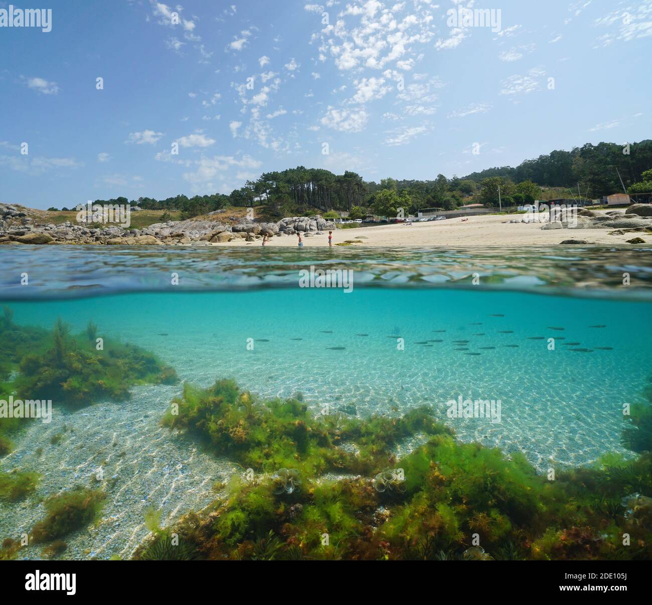 Spanien Galizien Strandküste, Split Blick über und unter Wasser Oberfläche, Atlantik, Bueu, Provinz Pontevedra, Praia de Lagos Stockfoto