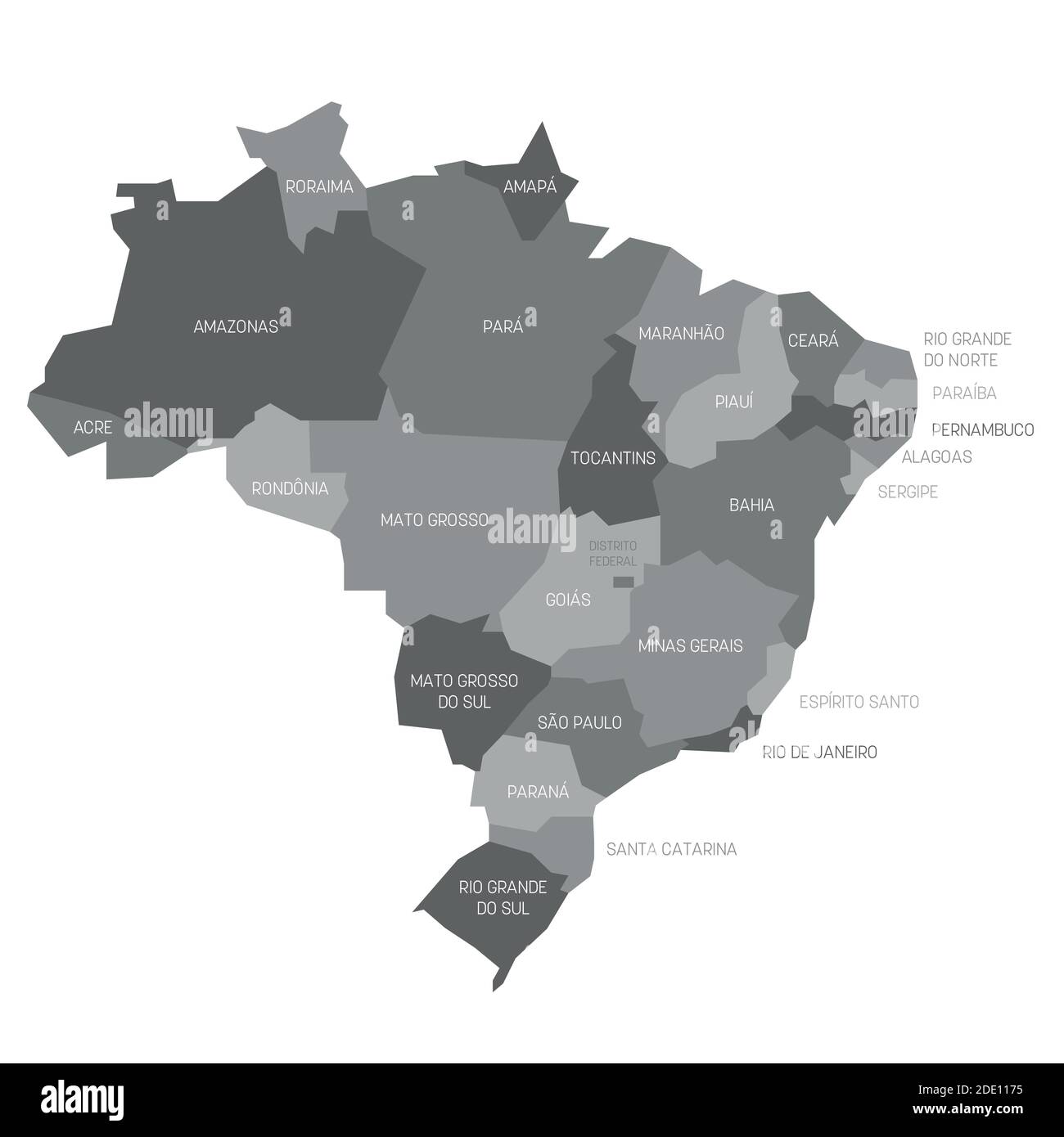 Graue politische Landkarte von Brasilien. Verwaltungsabteilungen - Staaten. Einfache flache Vektorkarte mit Beschriftungen. Stock Vektor