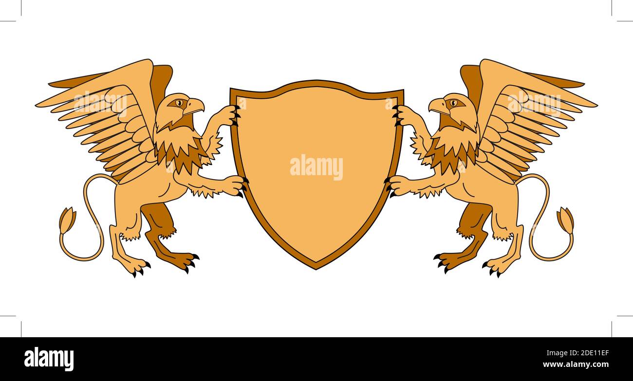 Grips halten einen Schild. Emblem mit mythologischen Tieren. Mittelalterliches Design. Heraldik. Vektorgrafiken. Stock Vektor