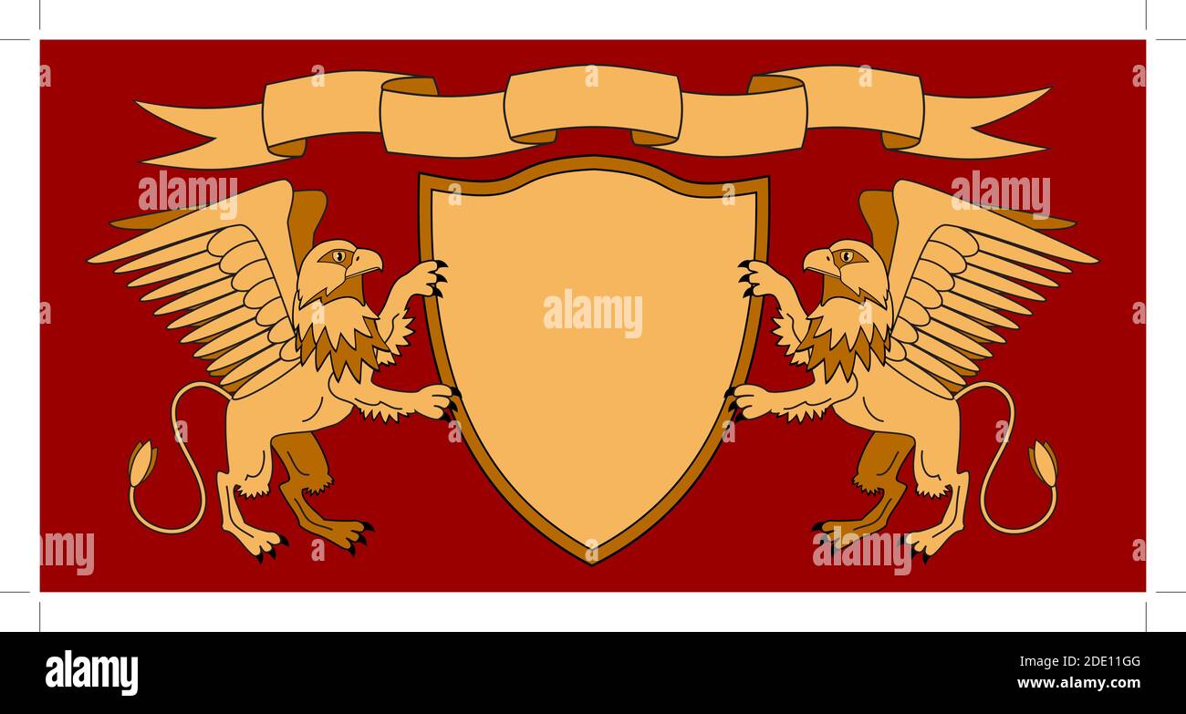 Grips halten einen Schild. Schild mit Band. Heraldik. Mittelalterliches Emblem. Vektor-Iillustrations Stock Vektor