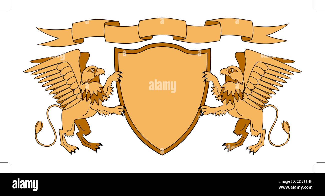 Grips halten einen Schild. Schild mit Band. Heraldik. Mittelalterliches Emblem. Vektor-Iillustrations Stock Vektor