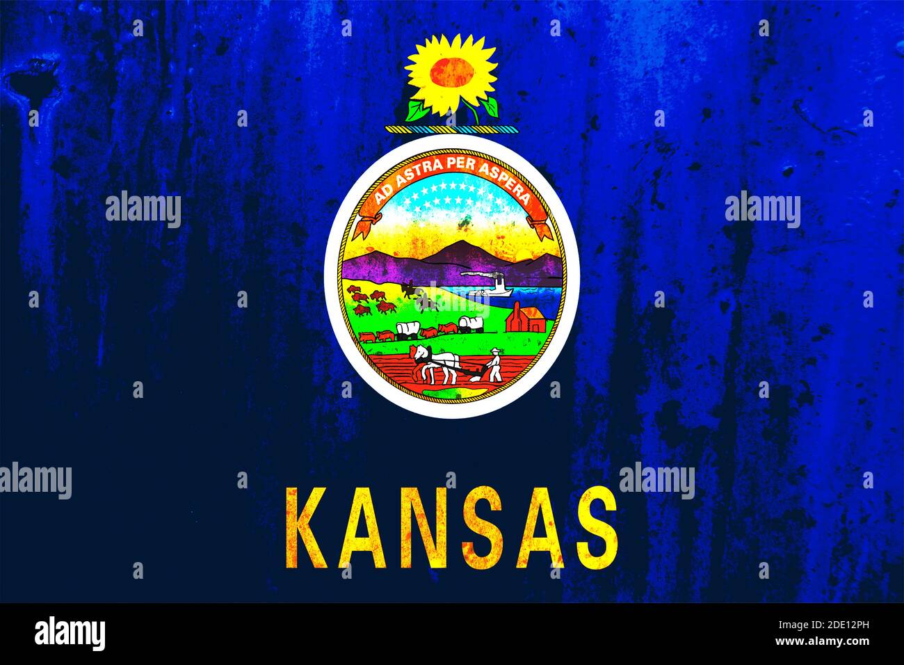 Künstlerische Darstellung der Kansas Staatsflagge mit Grunge-Textureffekten. Stockfoto