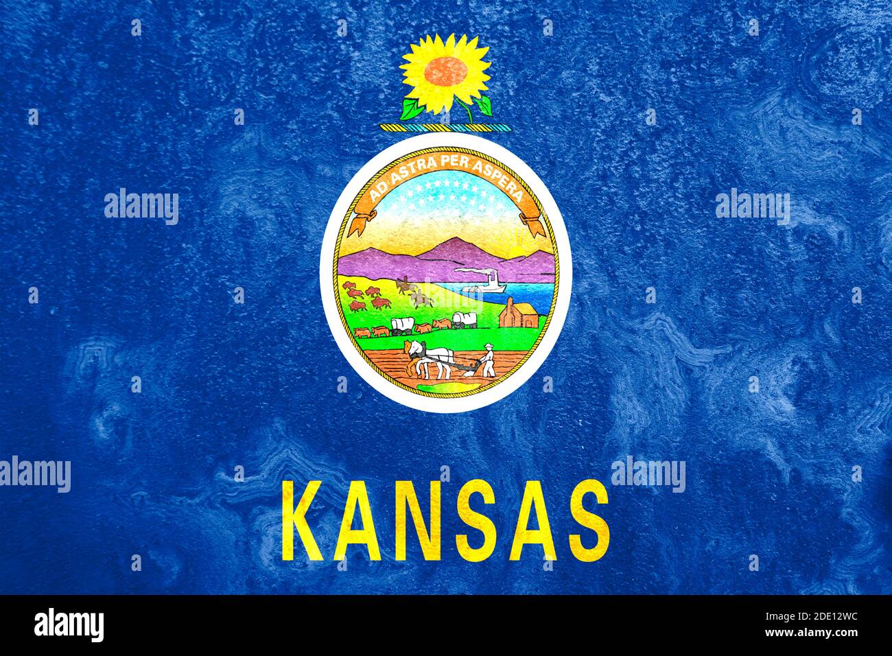 Künstlerische Darstellung der Kansas Staatsflagge mit Grunge-Textureffekten. Stockfoto