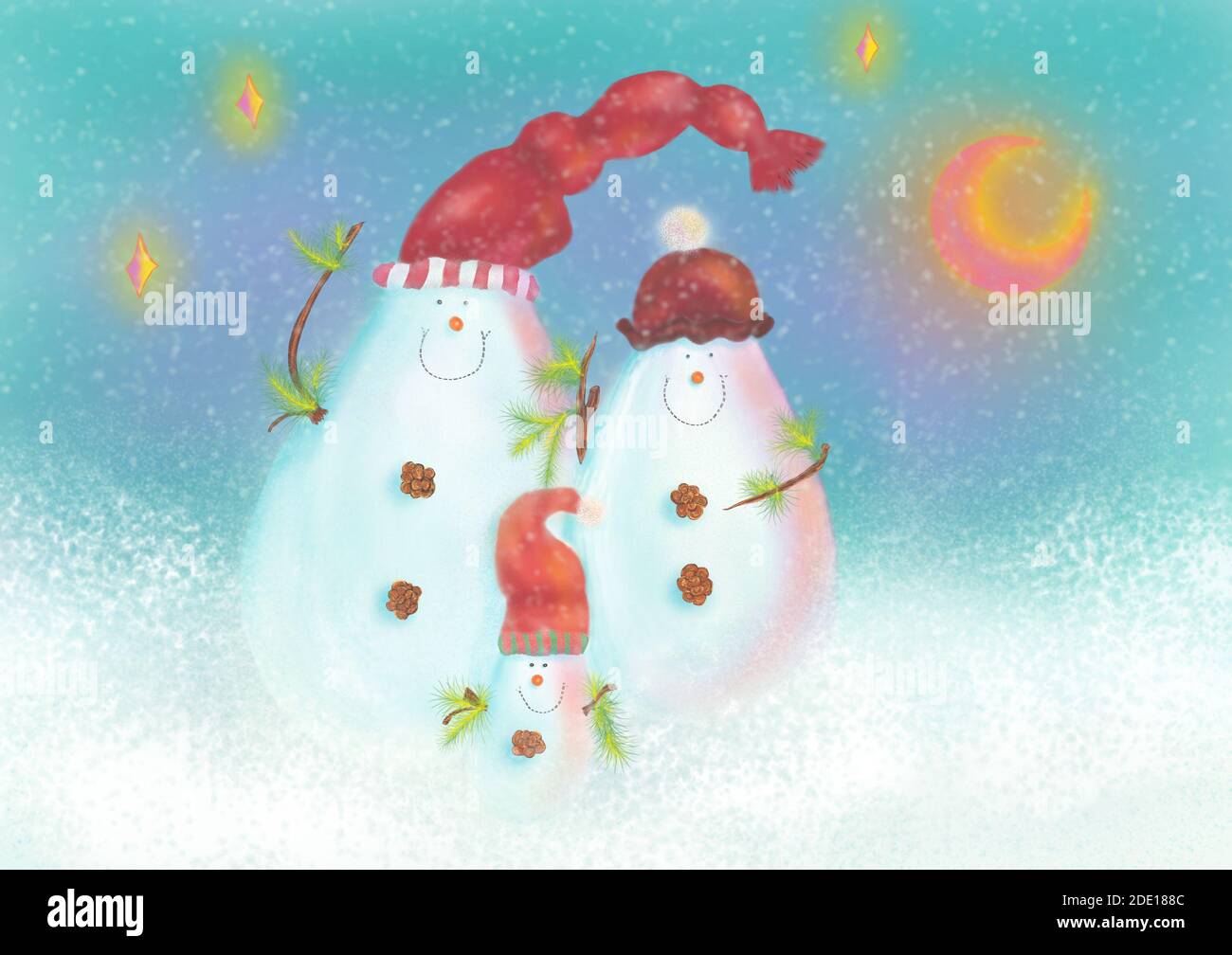 Winter Feiertage Grußkarte mit glücklichen Schneemann Familie. Handgezeichnete Illustration Stockfoto