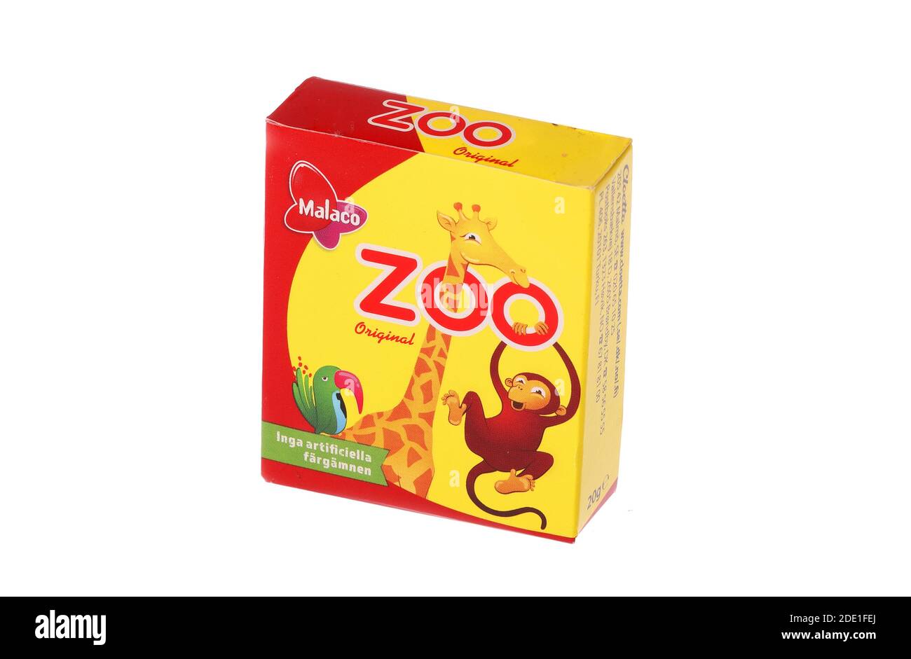 Stockholm, Schweden - 15. November 2020: Eine kleine Box mit Cloetta Malaco Zoo Süßigkeiten für den schwedischen Markt im Jahr 2020 produziert. Stockfoto