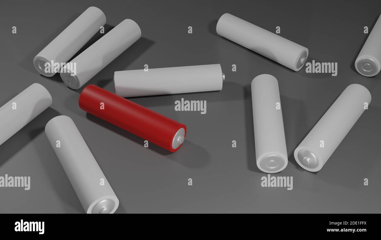 AAA-Batterien liegen auf einer Ebenen Oberfläche. 3D-Darstellung. Stockfoto