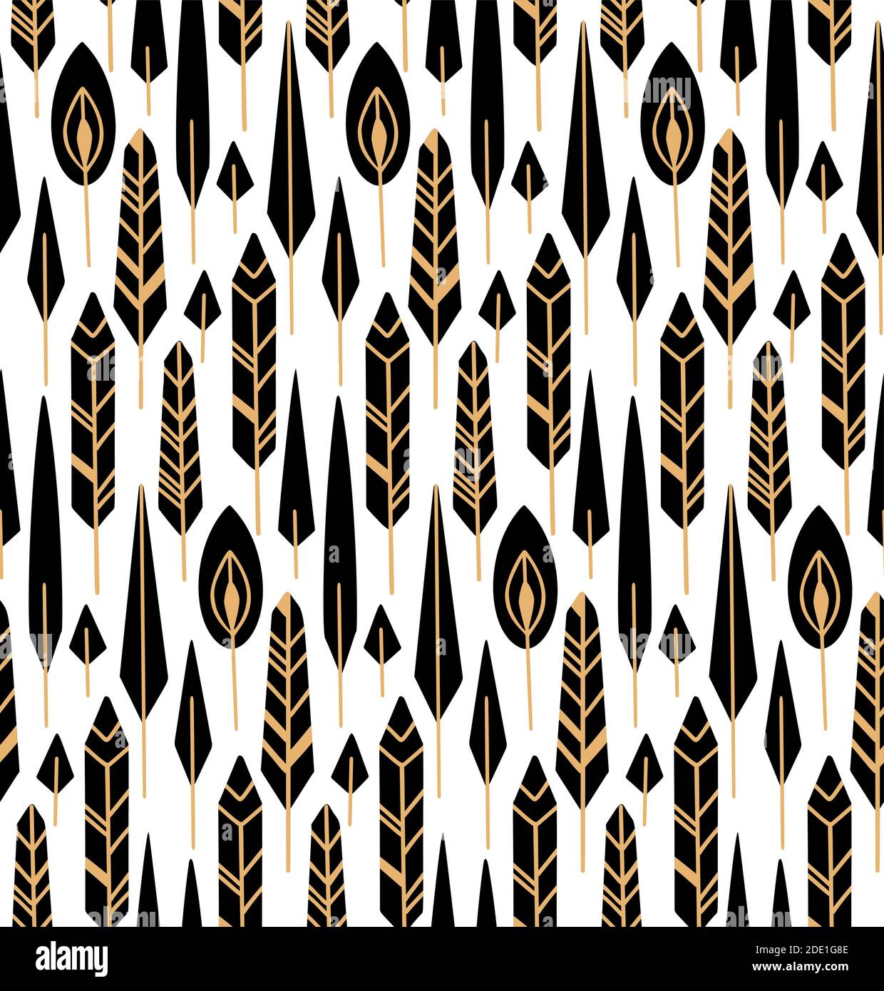 Nahtloses Muster mit schwarzen Silhouetten von Federn in einer Reihe und goldenem Tribal-Muster auf weißem Hintergrund. Magische wilde Kulisse. Gipsy Vektor Textur Stock Vektor