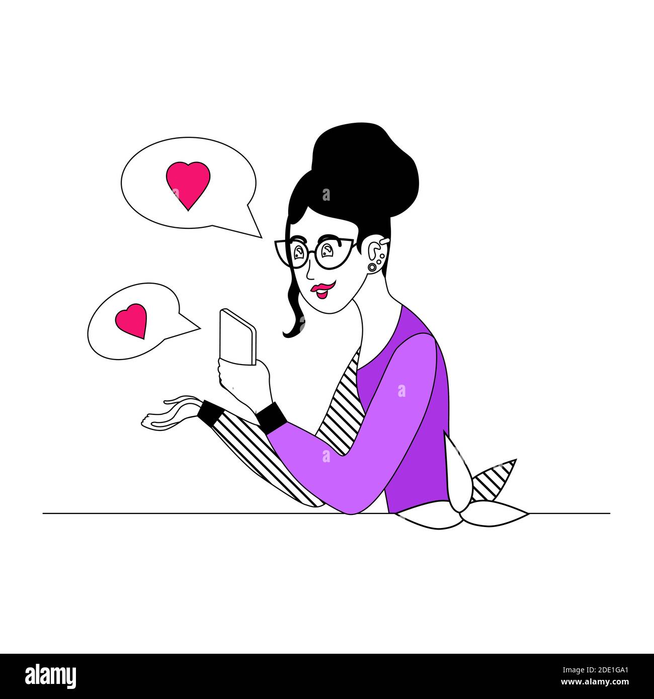 Vektor Umriss Illustration eines Hipster Mädchen flirten auf dem Telefon im modernen Stil. Mobile Dating. Zusammen in der Ferne. Vektorkonturdarstellung Stock Vektor