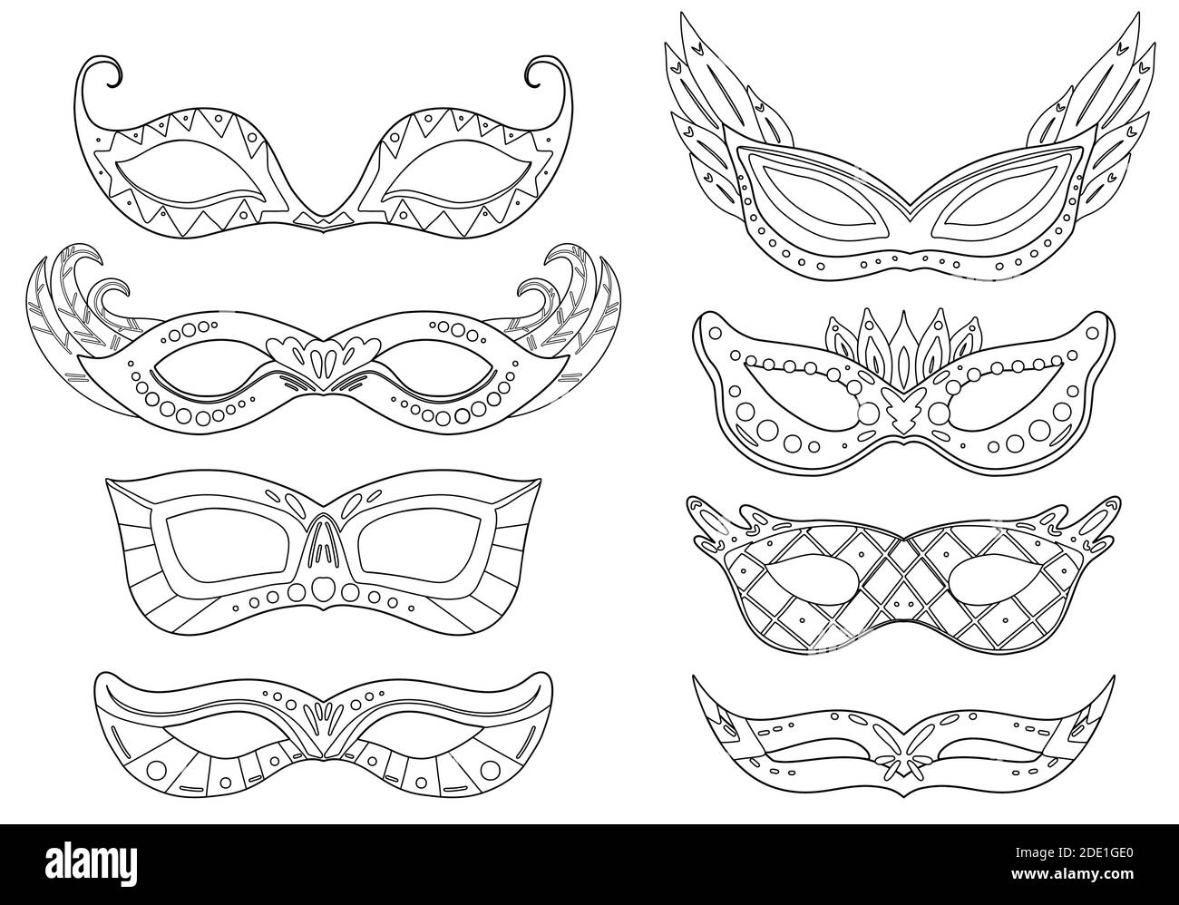 Set Umriss Karnevalsmasken mit verschiedenen Dekorationen. Flache Linie Kunst Urlaub Objekt. Festival Dressing für das Gesicht. Vektorobjekt getrennt vom Stock Vektor