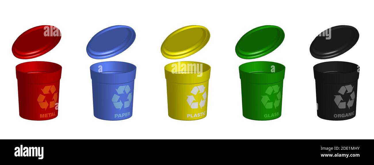 Mehrfarbige Körbe, Mülltrennungstanks. Umweltschutz, Recycling von Rohstoffen. Realistischer 3d-Vektor auf weißem Hintergrund Stock Vektor