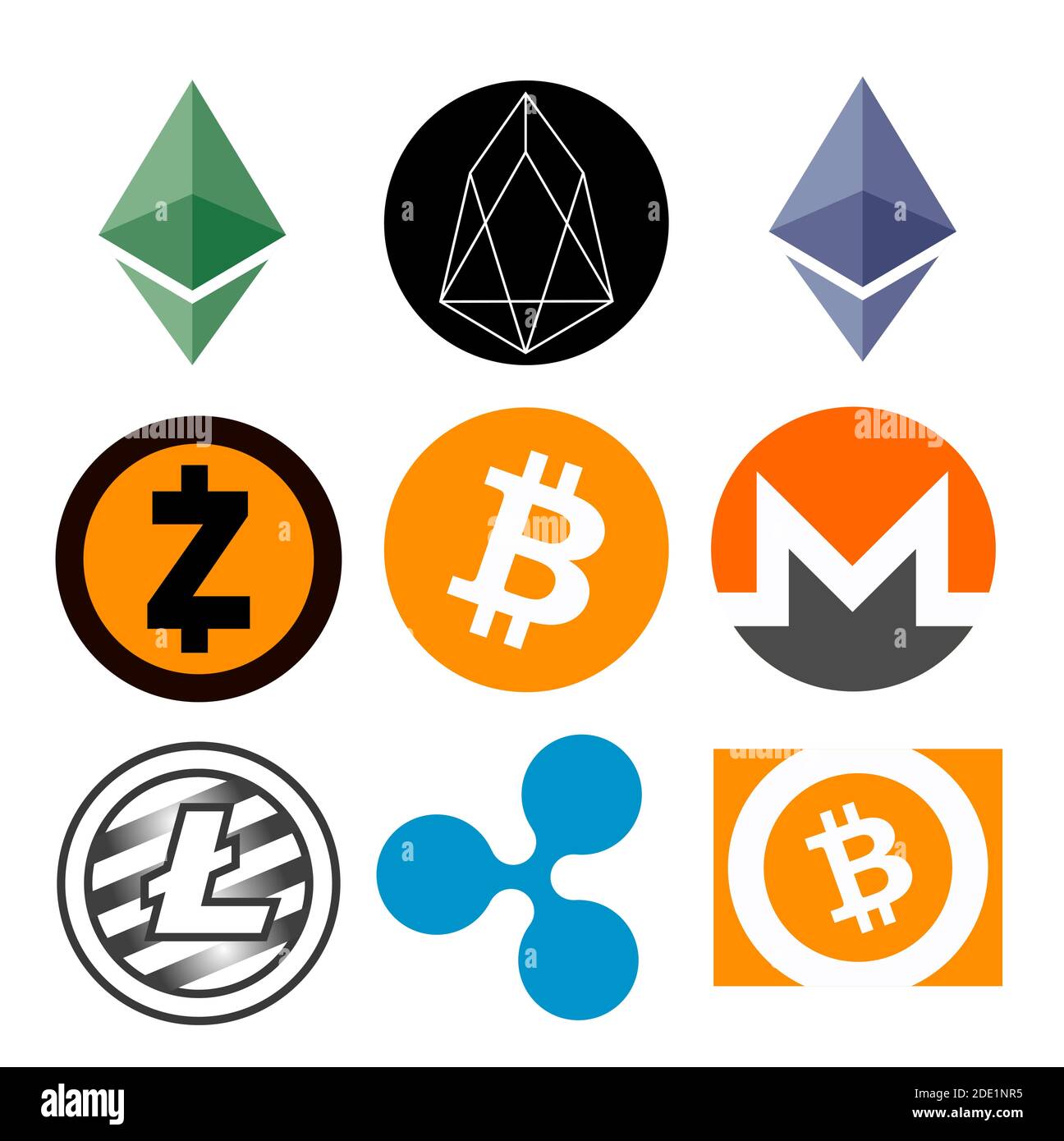 Die 9 wichtigsten Kryptowährungs-Logos in Farbe. Kryptowährungen, ein alternatives Finanzsystem Stock Vektor