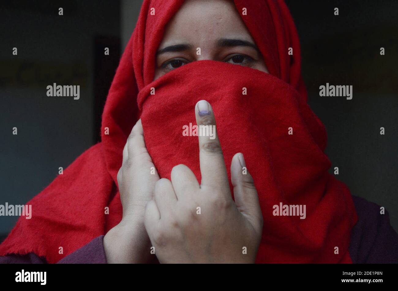 Jammu und Kaschmir, 28. November 2020. Eine Frau zeigt ihren mit Tinte markierten Finger an Raiyar Khan Sahib im Budgam Bezirk. Abstimmung für die erste Phase der District Development Council (DDC) Wahlen in Jammu und Kaschmir begann inmitten der engen Sicherheit. In der ersten Phase der DDC-Wahlen werden 43 Wahlkreise zur Wahl gehen – 25 in Kaschmir und 18 in Jammu. Kredit: Majority World CIC/Alamy Live Nachrichten Stockfoto