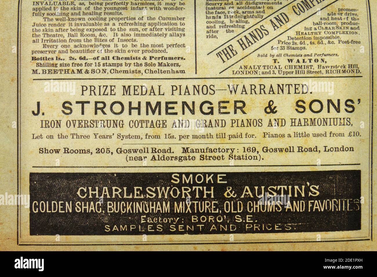Anzeige für den Klavierladen von J. Strohmenger & Sons im Gaiety Theatre Programm (Replik), 22. Oktober 1883. Stockfoto