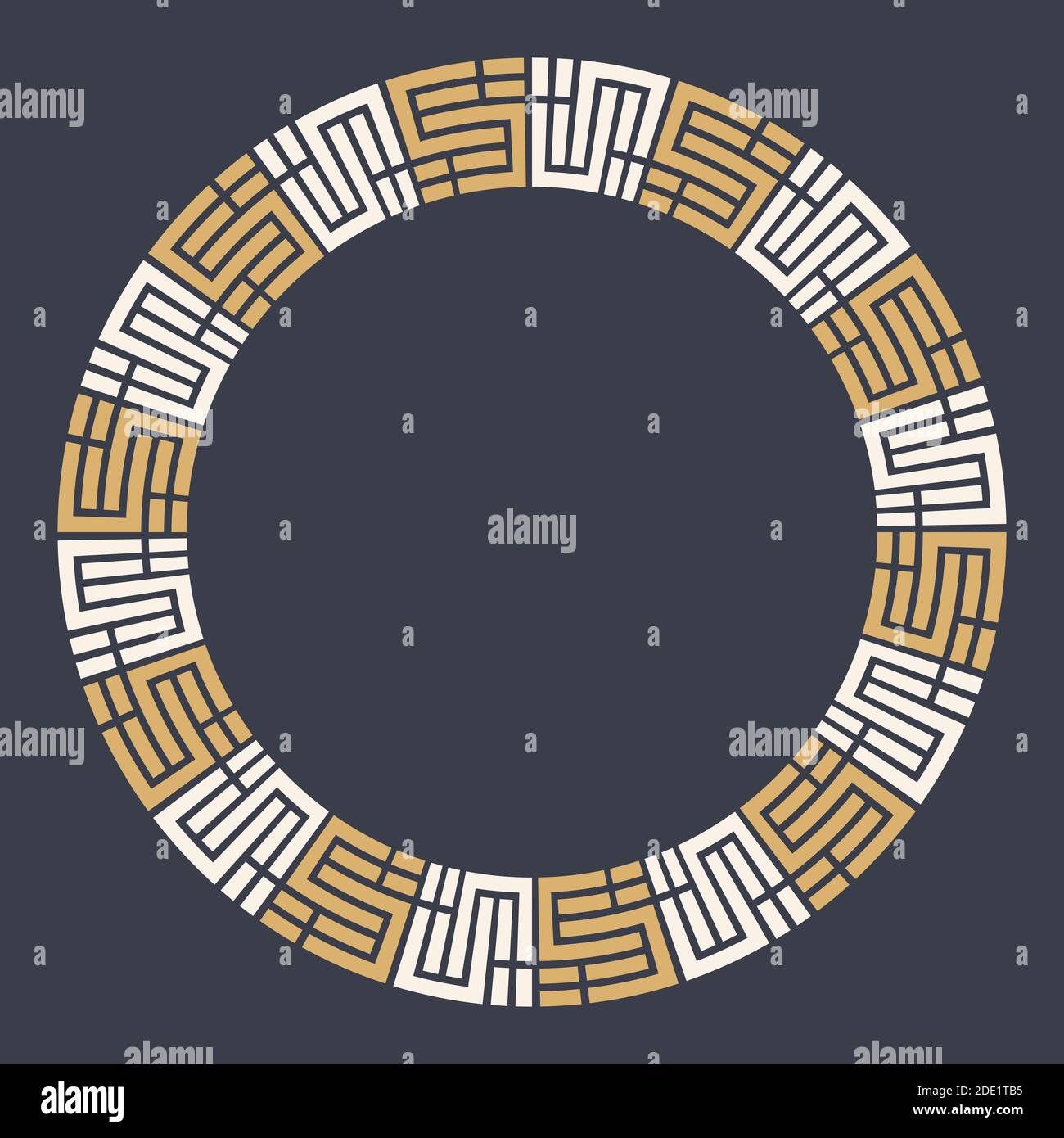 Abstrakter Rundmäander, geometrisches Rundornament, gestreifter Rahmen. Dekoratives Muster isoliert auf dunklem Hintergrund. Für Text platzieren. Vektorfarbe. Stock Vektor