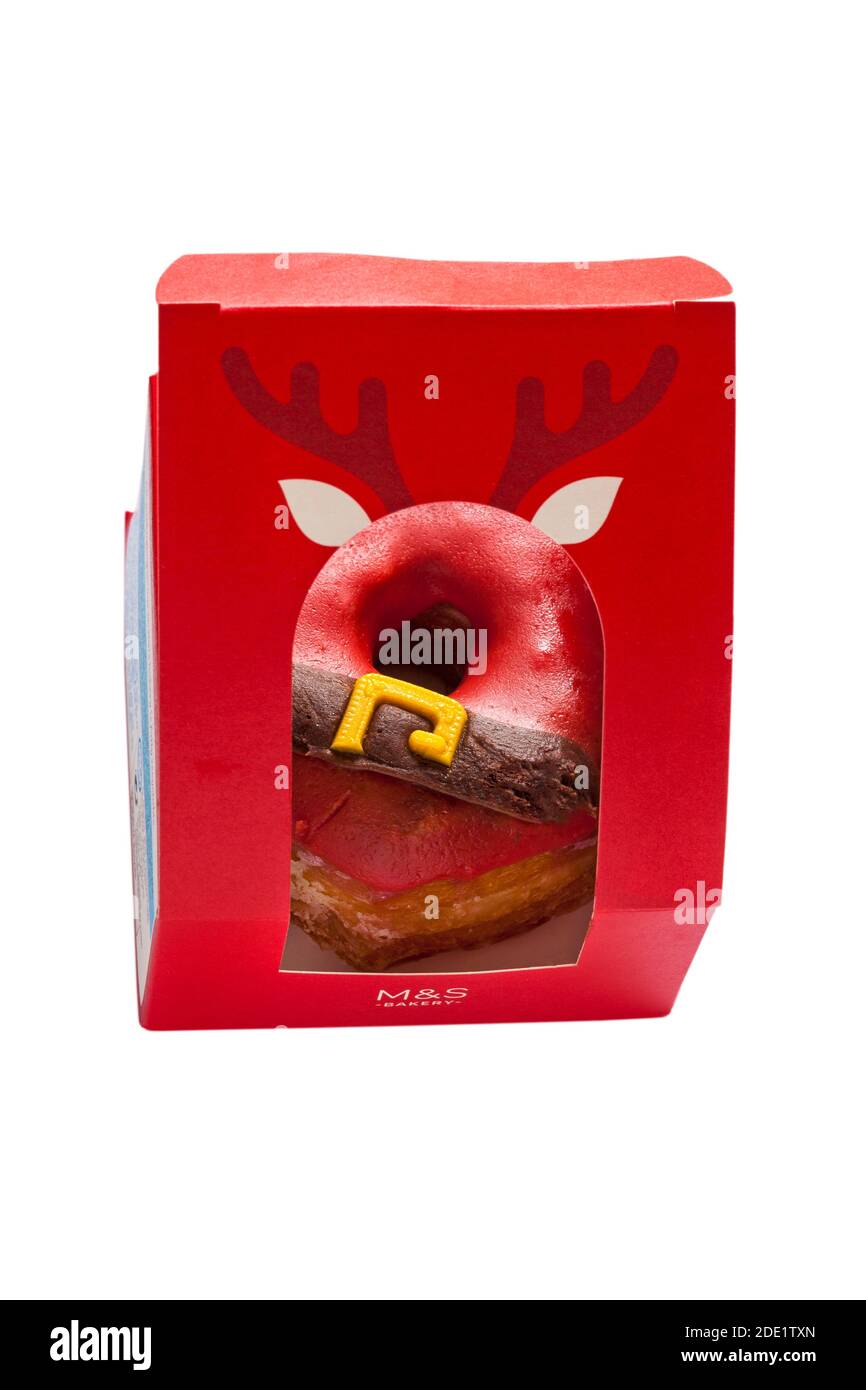 Santa's Yumnuts, Kreuzung zwischen einem Donut und einem Yum Yum von M&S in-Store Bäckerei in Box - Santa's Yumnut Stockfoto