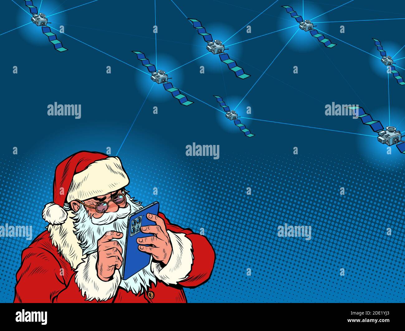 Weihnachtsmann mit einem elektronischen Tablet und einem globalen Satelliten-Internet Stock Vektor
