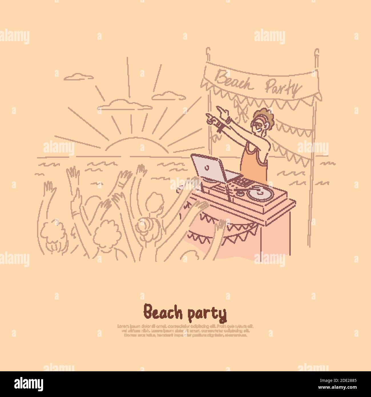 Menschen tanzen am Ufer des Meeres, Meer, dj macht Live-Musik am Plattenteller, Spaß sommertime Aktivitäten für junge Erwachsene Banner. Strand Party Cartoon conce Stock Vektor