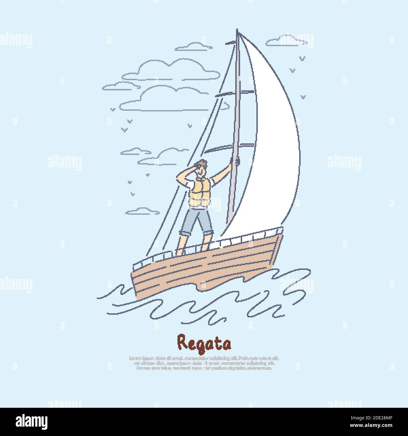 Regatta, Segelwettbewerb, junge Segler, die Konkurrenten im Segelboot mit günstigen Wind Banner verfolgen. Romantisches Luxus sommerliches Aktivitätskonzept Stock Vektor
