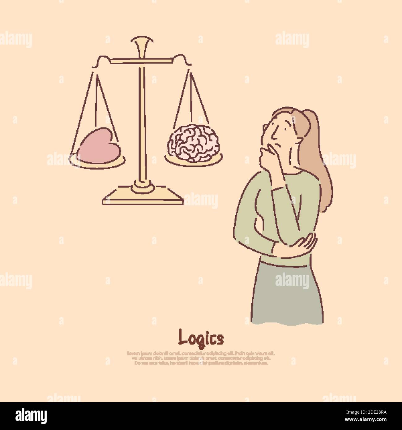 Gehirn vs Herz auf Skalen, logisches Denken vs. Emotionale Reaktion Metapher Banner. Verwirrt Frau Wahl zwischen rationalen und emotionalen Entscheidung Stock Vektor