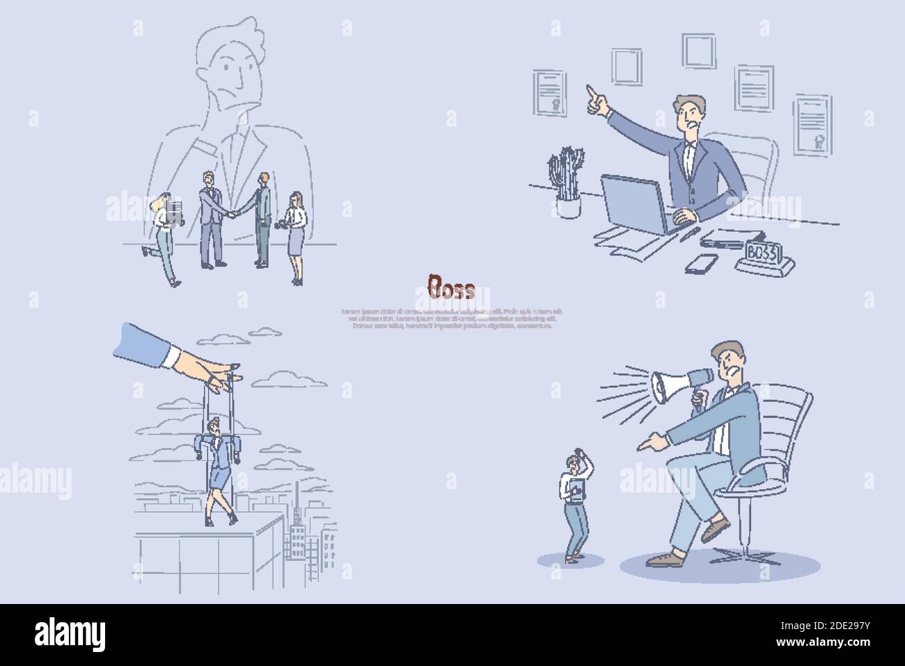 Mann, der an seine Mitarbeiter denkt, wütender Manager im Büro, Geschäftsfrau, die von Hand kontrolliert wird, überlegenes Schreien auf Arbeiter-Banner. Verrückter Bosswagen Stock Vektor