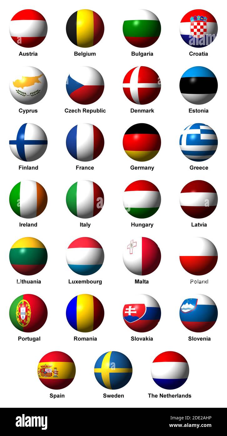 Collage von Flaggen der 27 EU-Länder mit Etiketten Stockfoto