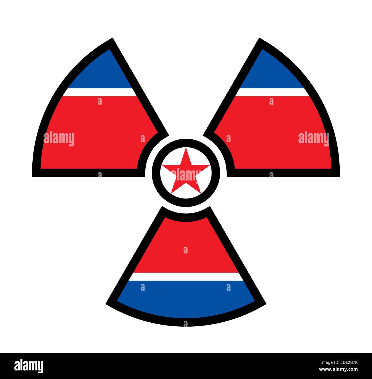 Flagge Nordkoreas als Symbol der Strahlung - Metapher des koreanischen Atom- und Atomprogramms - Macht, Bomben, Waffen, Energie. Stockfoto