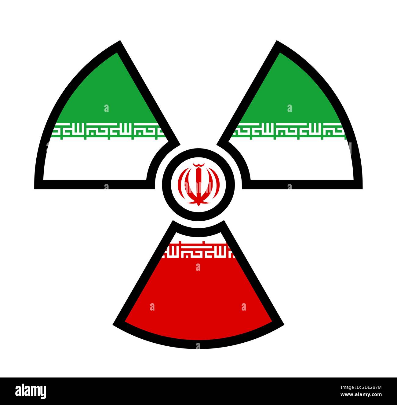 Flagge des Iran als Symbol der Strahlung - Metapher des iranischen Atom- und Atomprogramms - Macht, Bomben, Waffen, Energie. Stockfoto