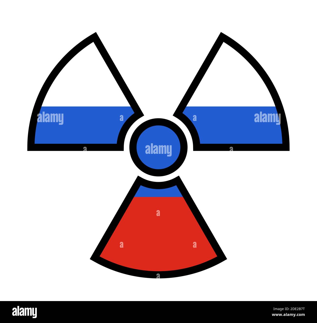 Flagge Russlands als Symbol der Strahlung - Metapher des russischen Atom- und Atomprogramms - Macht, Bomben, Waffen, Energie. Stockfoto