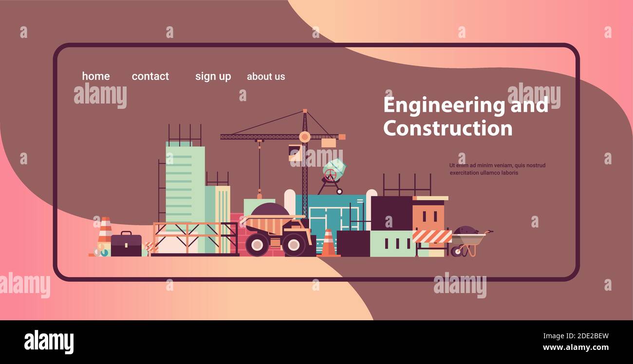 Home Building Engineering Konzept Maschinen Bau Häuser arbeiten auf Bau Vektorgrafik für horizontalen Kopierraum des Standorts Stock Vektor