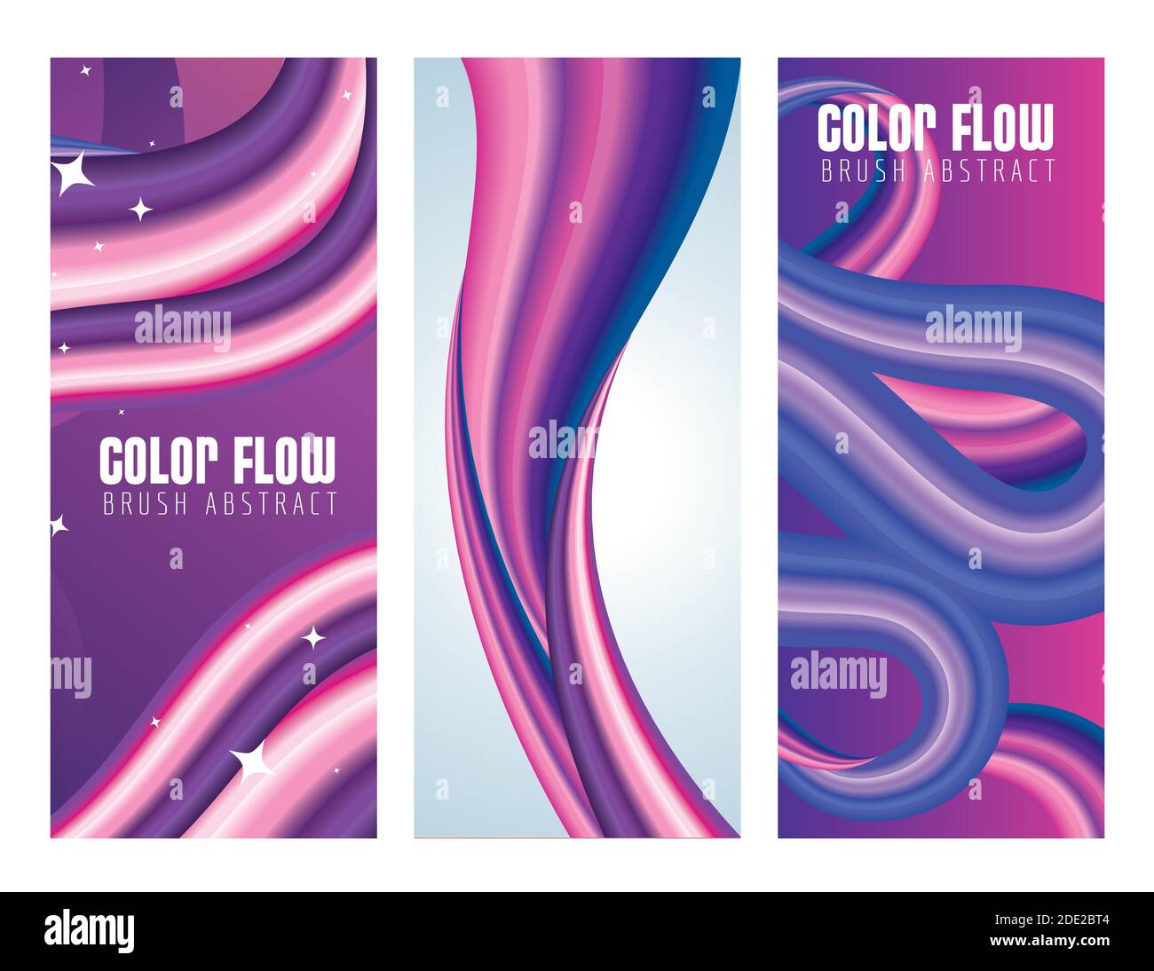 Drei Farbflußplakate mit violettem und weißem Hintergrund Stock Vektor