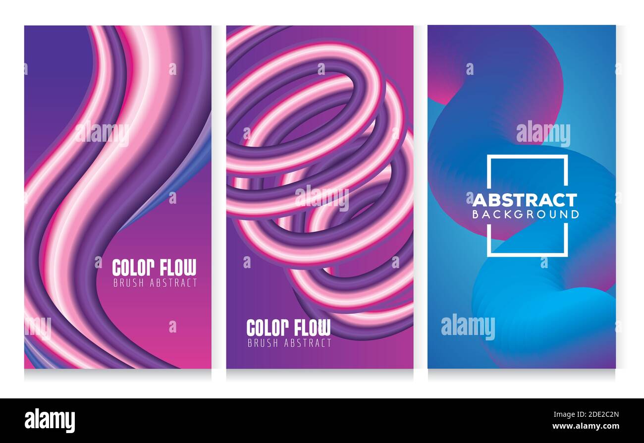 Drei Farbflußplakate mit blauem und violettem Hintergrund Stock Vektor