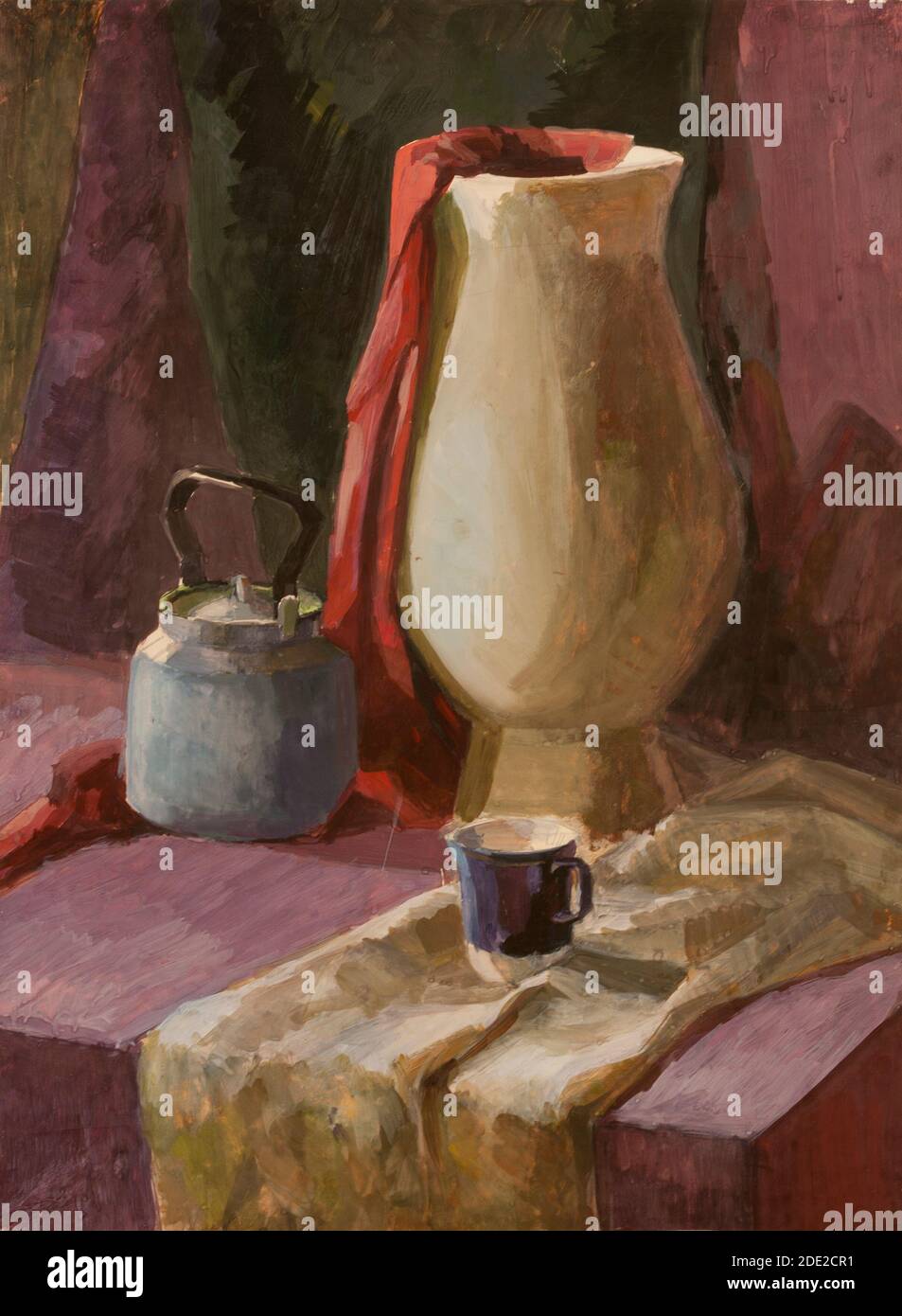 Stillleben mit weißer Vase und Teekanne Gouache Malerei Stockfoto