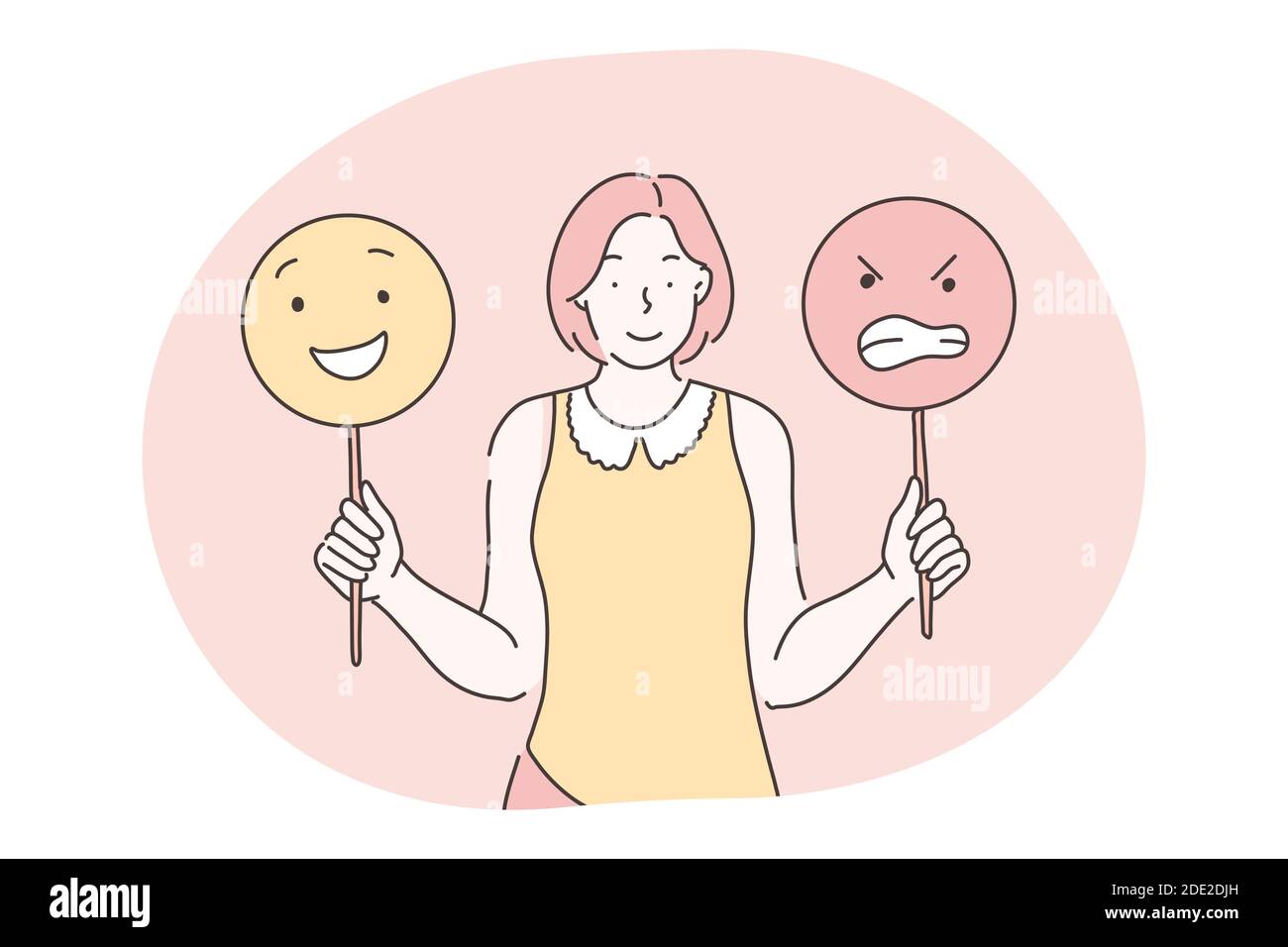 Emotionen, Emoji, verschiedene Gesichtsausdrücke Konzept. Junge lächelnde Frau Zeichentrickfigur stehen und halten Zeichen mit positiven und aggressiven e Stock Vektor