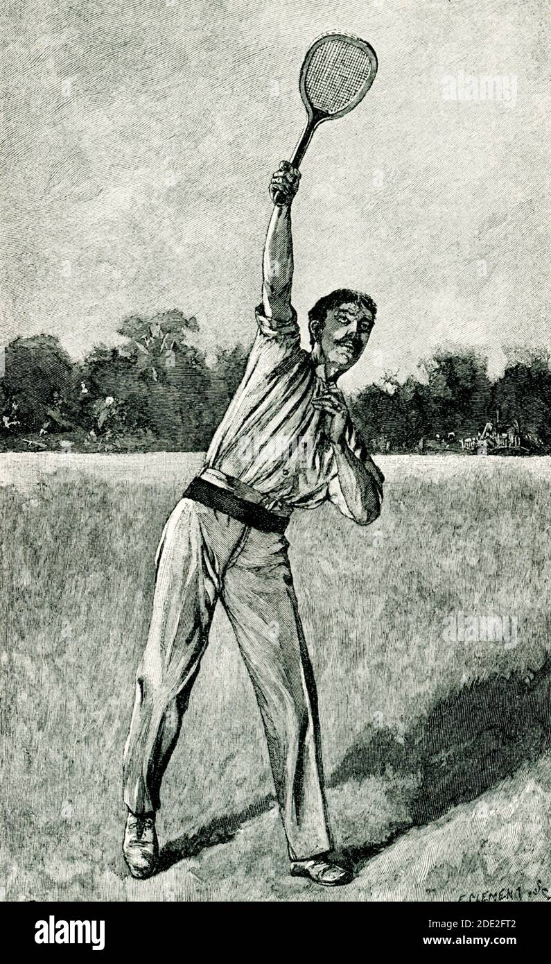 Diese 1897 Illustration eines Rasen-Tennisspielers zeigt ihm schlagen, was als "Smash bekannt ist." Ein Wurf im Tennis ist ein Schuss, der mit einer Serve-ähnlichen Bewegung über den Kopf des Hitters getroffen wird. Es wird auch als Overhead bezeichnet. Stockfoto