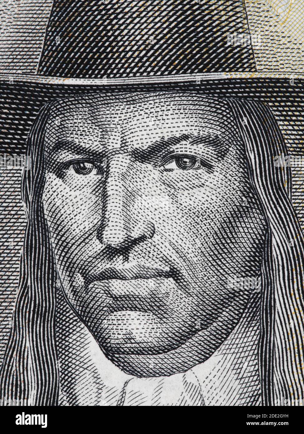 Tupac Amaru II Porträt auf peruanischen 50 Soles (1977) Banknote closeup Makro, Führer der indigenen Rebellion gegen die Spanier im kolonialen Peru Stockfoto