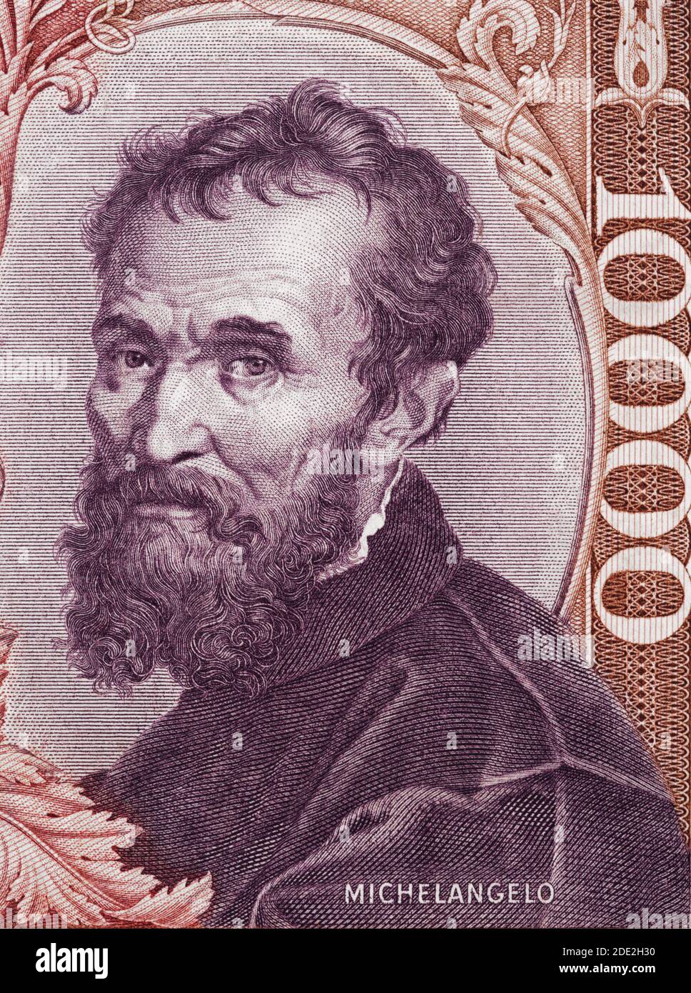 Michelangelo Buonarroti Porträt über Italien 1000 Lira Banknote (1970) Nahaufnahme Makro. Genius italienischer Bildhauer, Maler, Architekt und Dichter des Hohen Stockfoto