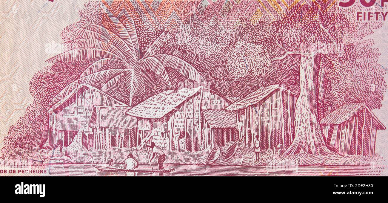 Fischerdorf Kongo Fluss auf Kongo 50 Franken (2007) Banknote Nahaufnahme, Afrika Kongolesen Geld Makro Stockfoto