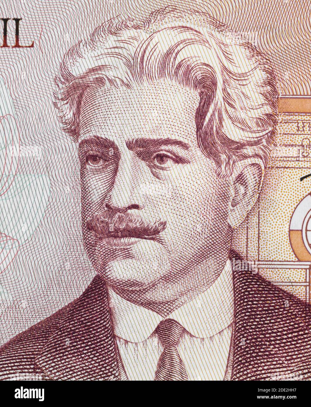 Oswaldo Cruz (1872 - 1917) Porträt über Brasilien 50 cruzados (1986) Banknote Nahaufnahme. Berühmter brasilianischer Arzt und Bakteriologe. Stockfoto
