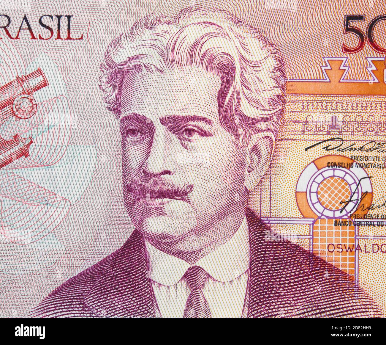Oswaldo Cruz (1872 - 1917) Porträt über Brasilien 50 cruzados (1986) Banknote Nahaufnahme. Berühmter brasilianischer Arzt und Bakteriologe. Stockfoto